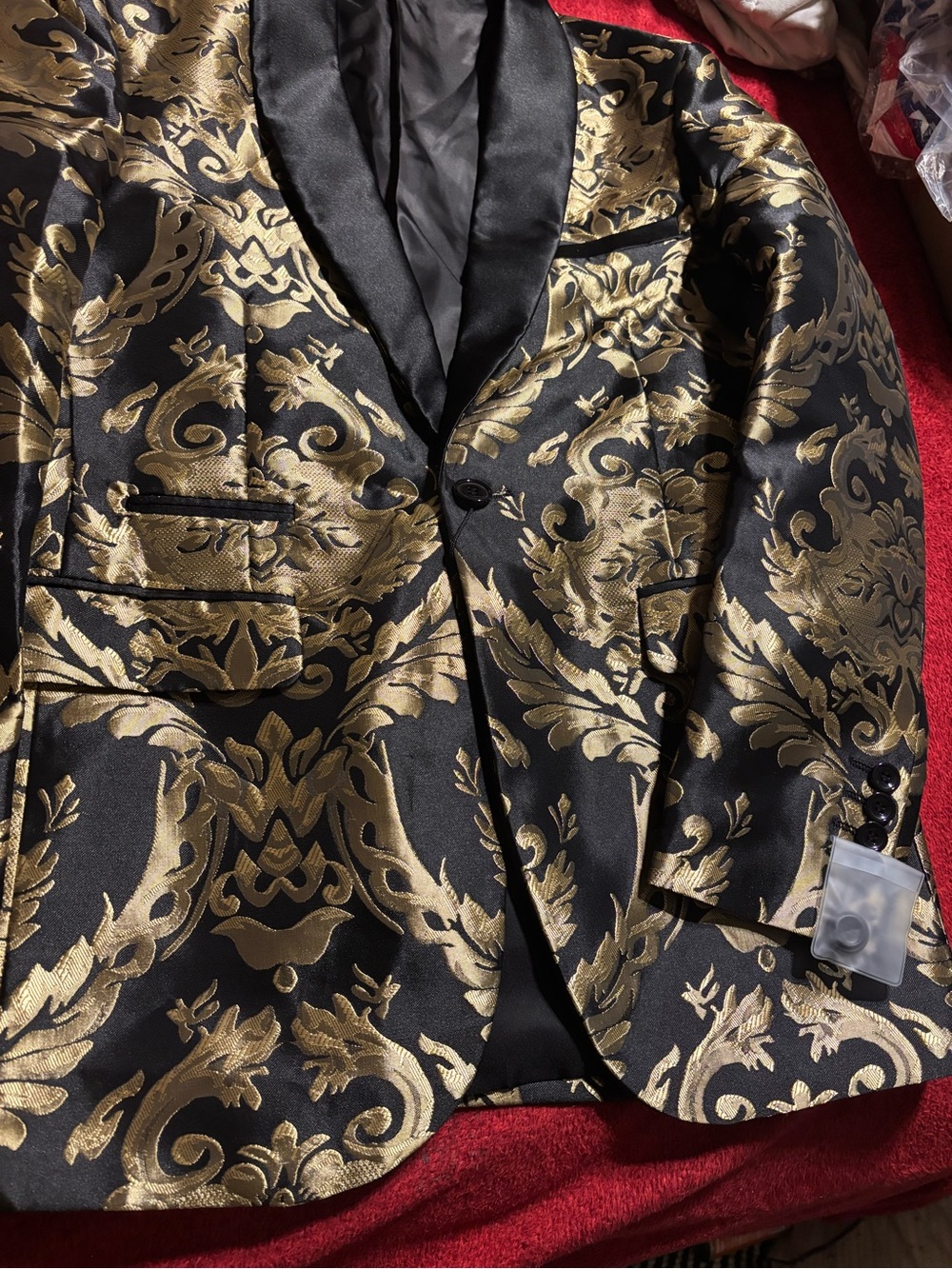 Ghnxcy Men's Black & Gold Brocade Dinner Blazer. Size Small . NWT